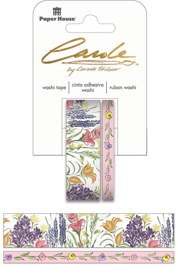 washi tape set shown in package featuring hand-painted florals by Carole Shiber, shown on white background.