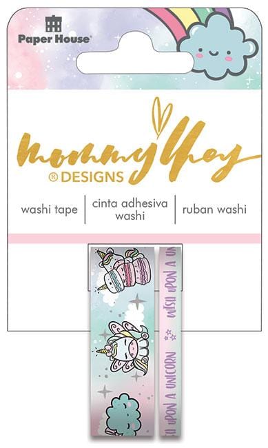 washi tape set featuring illustrated unicorns in pastel colors shown in packaging on a white background.