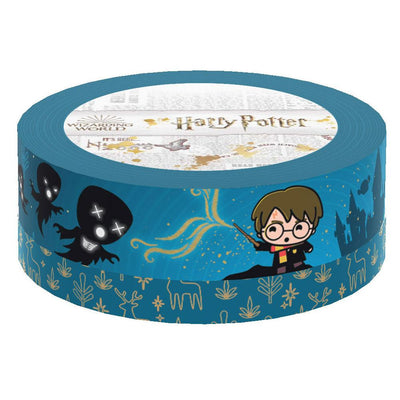 Two rolls of washi tape are shown in packaging featuring Chibi Harry Potter and blue and gold patterns.