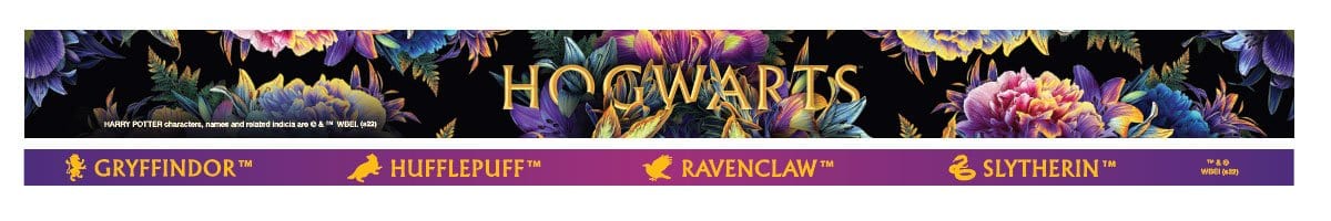 Two strips of washi tape are shown featuring HOGWARTS in gold lettering on a jewel-toned, floral background on one and a purple roll with gold lettering on the other.