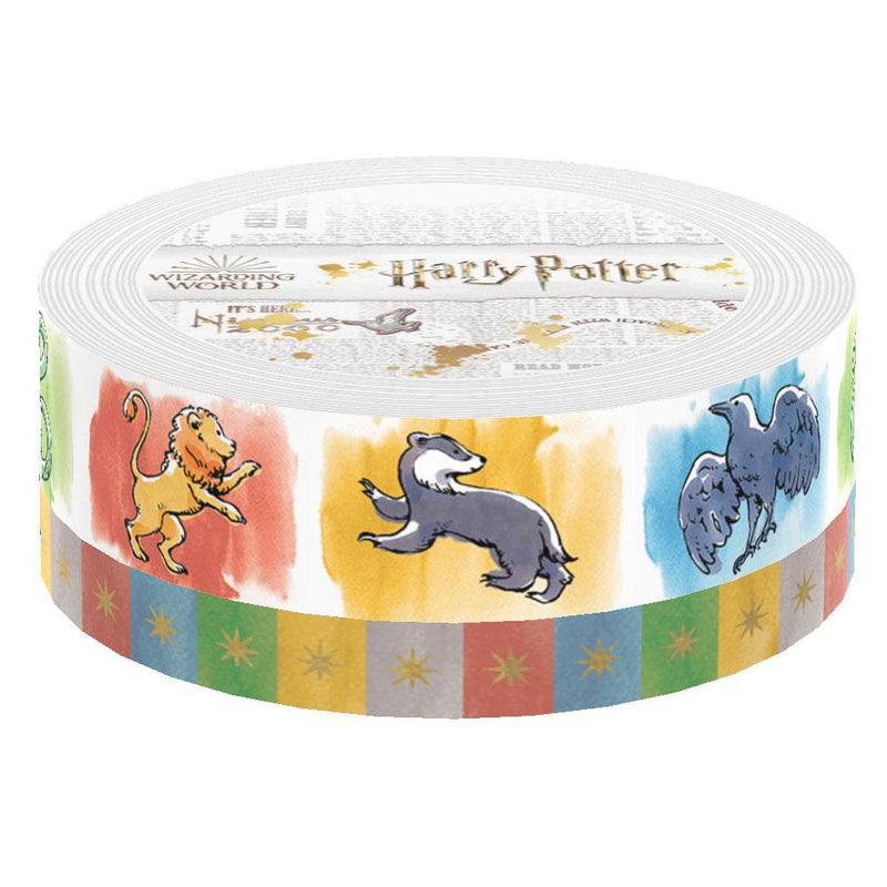 Two rolls of Harry Potter washi tape are shown in packaging featuring colorful, illustrated animals and colorful squares with gold stars.