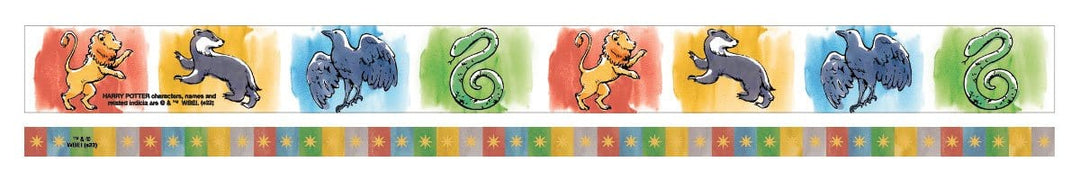 Two strips of Harry Potter washi tape are shown featuring colorful, illustrated animals on one and colorful squares with gold stars on the other.
