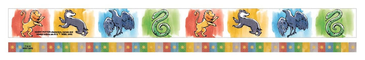 Two strips of Harry Potter washi tape are shown featuring colorful, illustrated animals on one and colorful squares with gold stars on the other.