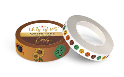 2 rolls of washi tape featuring illustrated happy faces, sunflowers and sunglasses shown stacked next to each other on white backgound.
