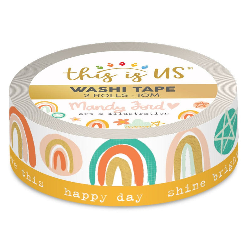 washi tape featuring 2 rolls with illustrated rainbows and stars and inspirational words in teal, orange and gold, shown in package on white background.