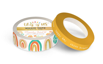 2 rolls of washi tape featuring illustrated rainbows and stars and inspirational words in teal, orange and gold, shown on white background.