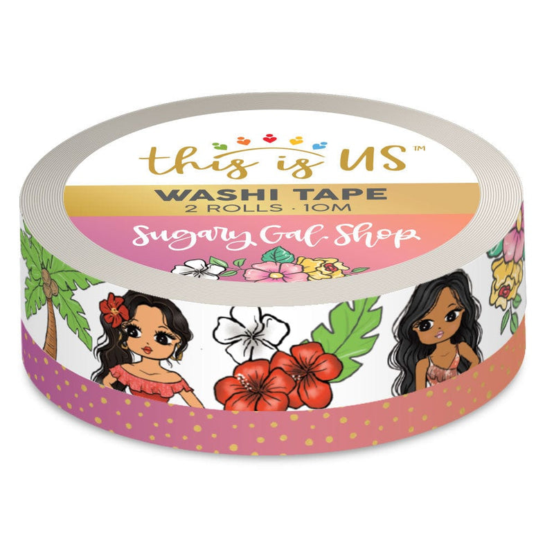 washi tape featuring 2 women with tropical florals and palm trees on one tape and gold polka dots on pink on another tape, shown in package on white background.