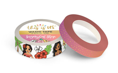 2 rolls of washi tape featuring 2 women with tropical florals and palm trees on one tape and gold polka dots on pink on another tape, shown on white background.