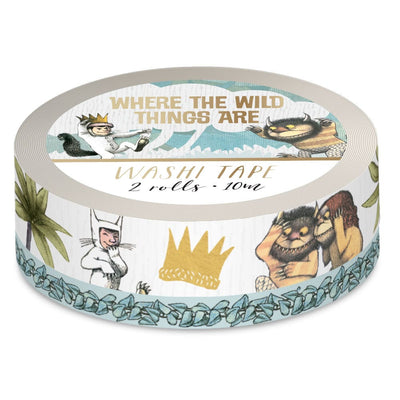 washi tape set featuring Where the Wild Things Are characters with gold details on one roll and a blue illustrated vine on the other, shown in package on white background.