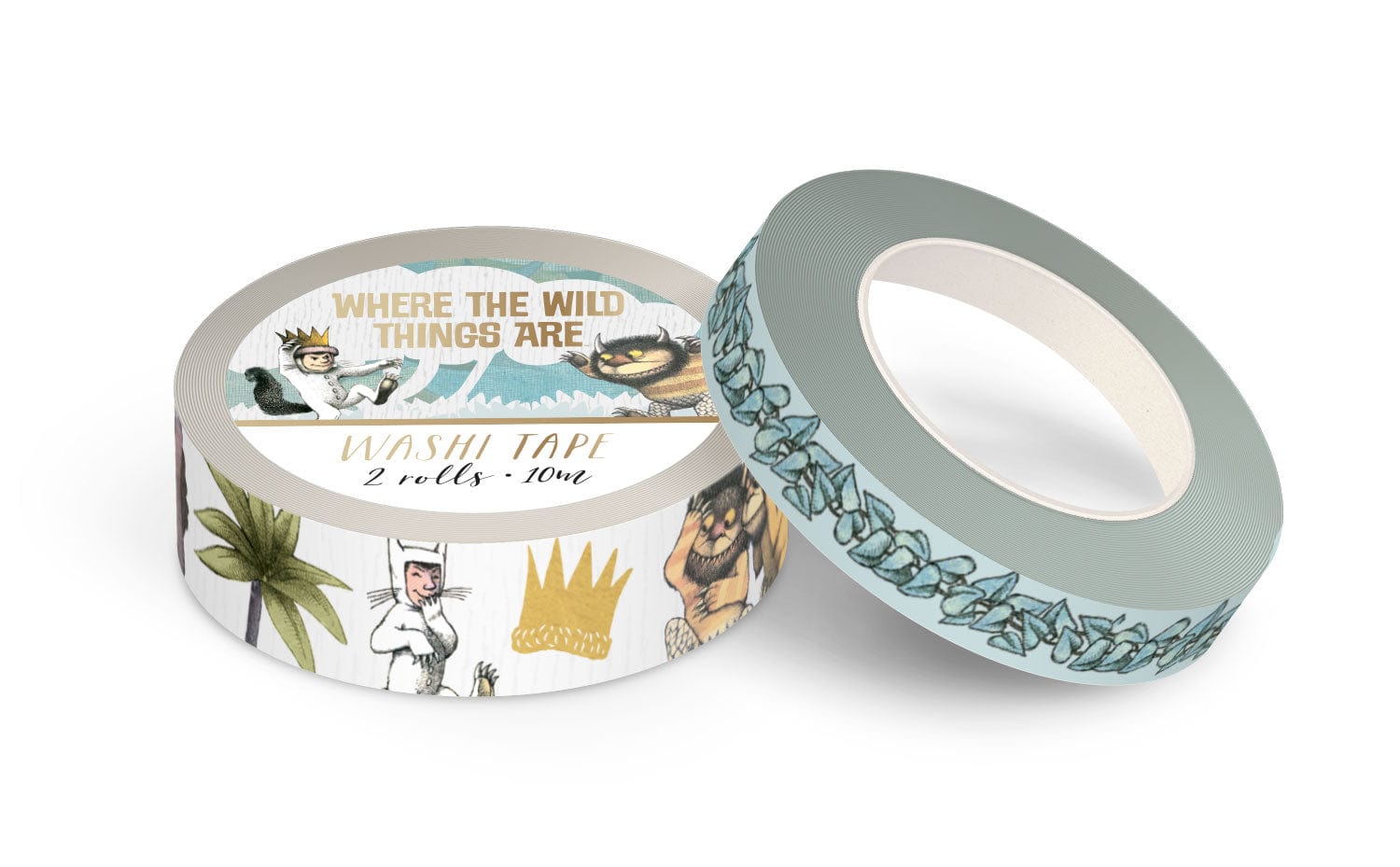 washi tape set featuring Where the Wild Things Are characters with gold details on one roll and a blue illustrated vine on the other, shown in package on white background.