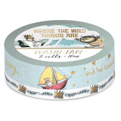 Where the Wild Things Are washi tape set featuring Max sailing with gold details on one tape and his crown on the other tape, shown in package on white background.
