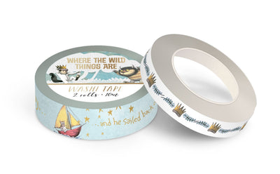 Where the Wild Things Are washi tape set featuring Max sailing with gold details on one tape and his crown on the other tape, shown on white background.