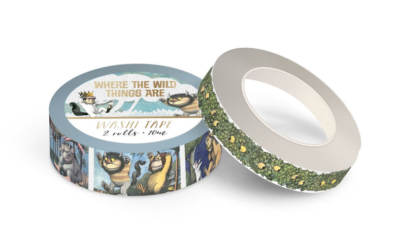 washi tape set featuring Where The Wild Things Are scenes on one roll, and yellow eyes looking out of green foliage shown on other roll,  on white background.