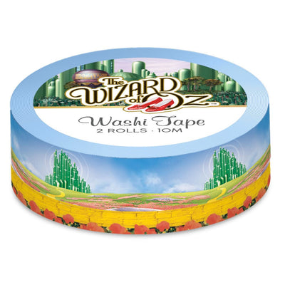 The Wizard of Oz washi tape set featuring the Emerald City on one roll, stacked on top of another roll of the yellow brick road, shown in package on white background.