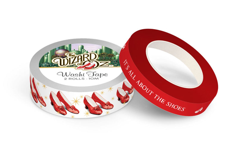 2 rolls of the Wizard of Oz washi tape featuring the ruby slippers on one roll and a solid red with text on the other roll, shown on white background.