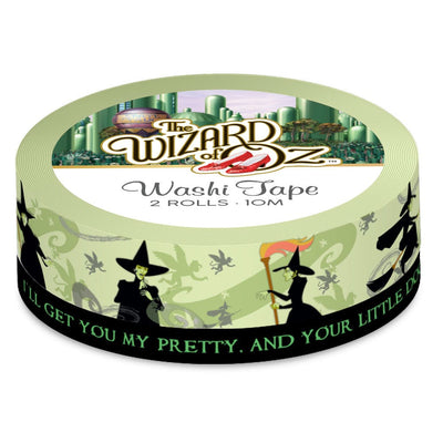 The Wizard of Oz washi tape set featuring an illustrated Wicked Witch and flying monkeys on one roll and green text on solid black on the other roll, shown stacked on top of each other in package on white background.