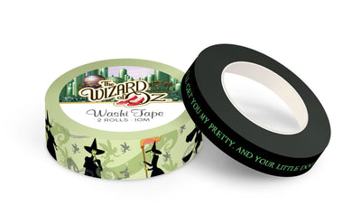 The Wizard of Oz washi tape set featuring an illustrated Wicked Witch with flying monkeys on one roll and green text on solid black on the other roll, shown on white background.