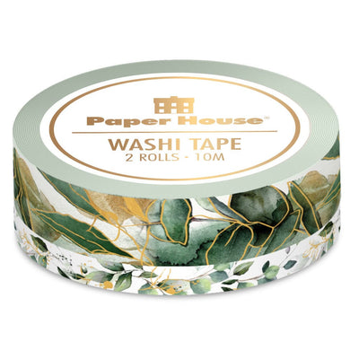 washi tape set featuring green watercolor leaves with gold details on one roll shown stacked above another roll of smaller green leaves, shown in package on white background.