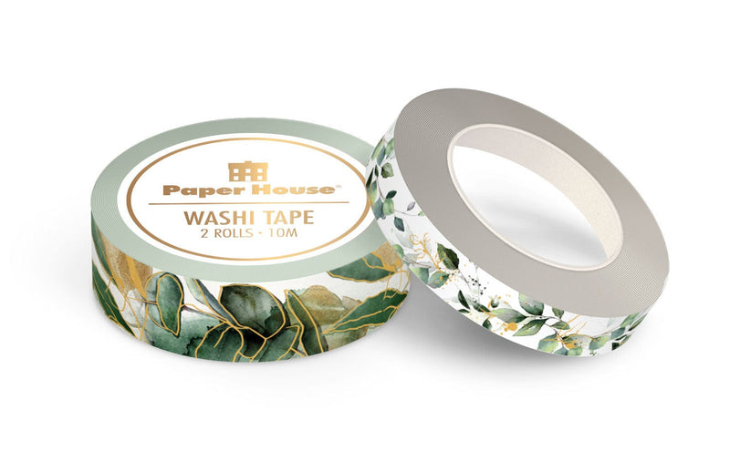 washi tape set featuring green watercolor leaves with gold details shown next to another roll of smaller leaves, shown on white background.