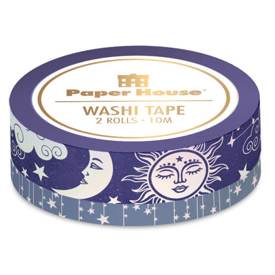 washi tape set featuring sun, moon stars in holographic foil on blue background, shown stacked on top of a smaller roll, shown in package on white background.