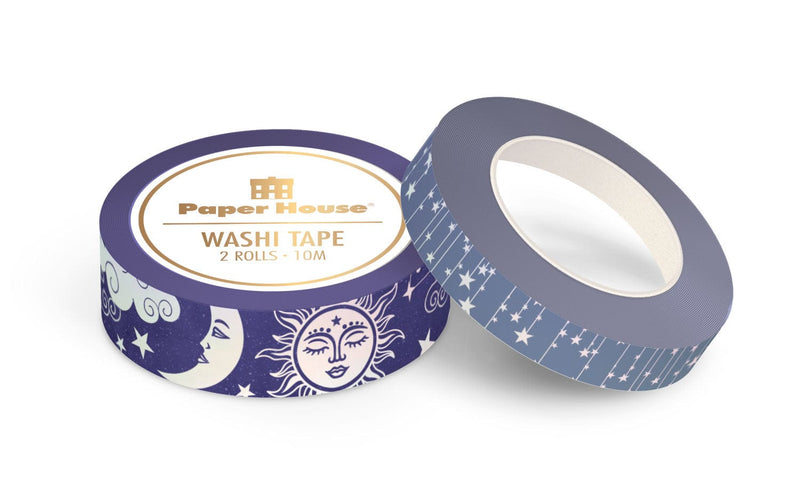 washi tape set featuring sun, moon and stars in holographic foil on one roll, next to another roll of stars, shown on white background.