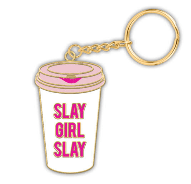 cute keychain featuring a coffee container with SLAY GIRL SLAY in pink with gold details, shown on white background.