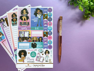 four planner sticker sheets featuring planner girl shown on purple background with pen and plant
