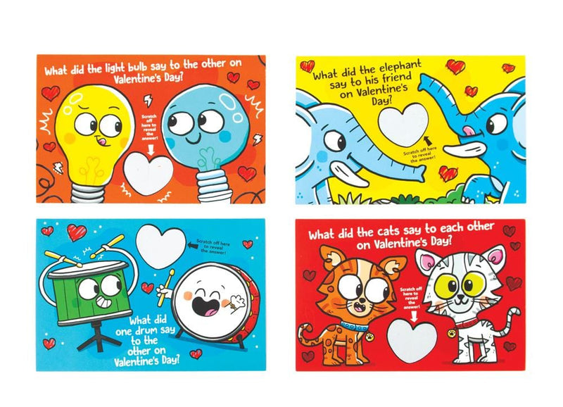 Four colorful valentine cards are shown featuring colorful illustrations and Valentine jokes.