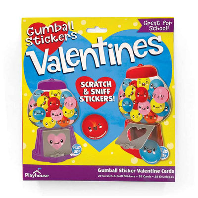 valentine cards featuring a large blue heart with gumball machines and gumball stickers on the front of this box valentines package.