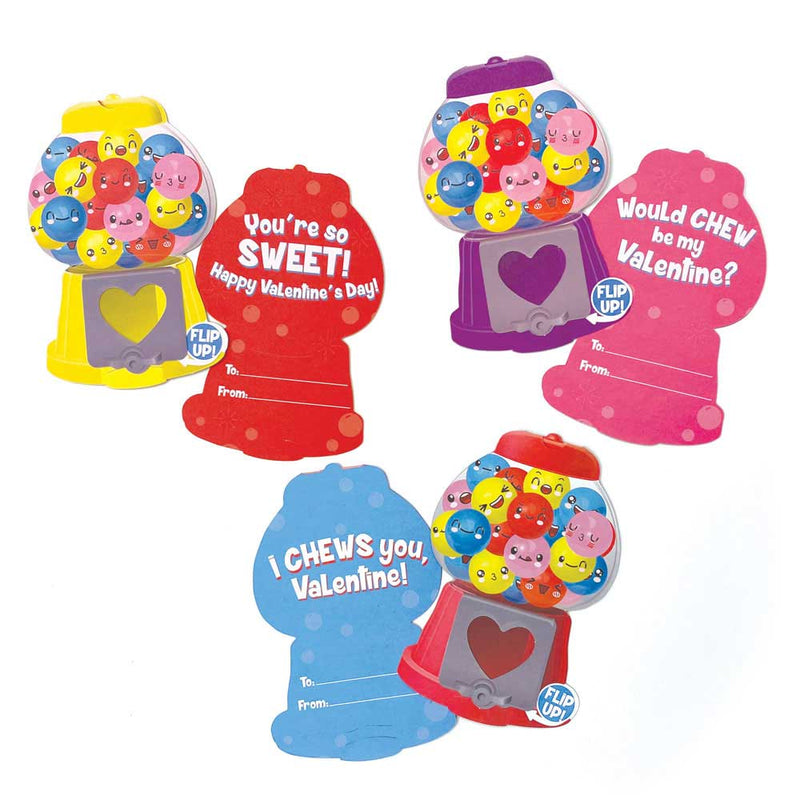3 valentine cards featuring colorful shaped gumball machines filled with gumball stickers shown with valentines sentiment on backs.
