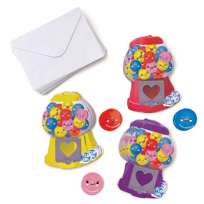 valentine cards featuring colorful shaped gumball machines filled with gumball stickers shown with white envelopes on white background with some scattered gumball stickers.