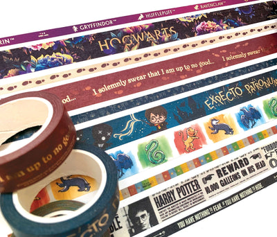 10 rolls of colorful harry potter washi tape are shown displayed horizontally, on an angle, next to each corresponding roll of washi tape.