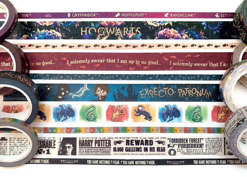 10 rolls of colorful harry potter washi tape are shown displayed horizontally next to each corresponding roll of washi tape.