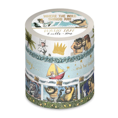 6 rolls of washi tape featuring characters and scenes from Where the Wild Things Are, shown stacked in package on white background.