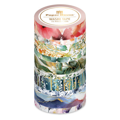Ten rolls of washi tape featuring colorful watercolor florals with gold details stacked and shown on white background.