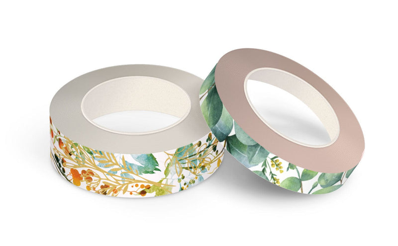 2 rolls of washi tape featuring green and gold watercolor florals shown on white background.