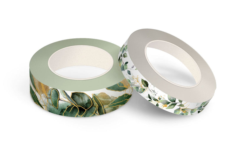 2 rolls of washi tape featuring green watercolor leaves with gold details, shown on white background.