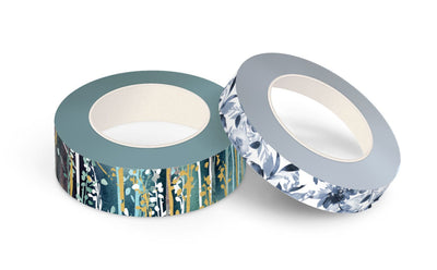 2 rolls of washi tape featuring blue and green watercolor florals and leaves with gold details, shown on white background.