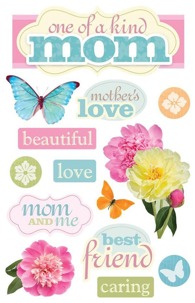 3D scrapbook stickers featuring mom, pastel colored flowers and butterflies.