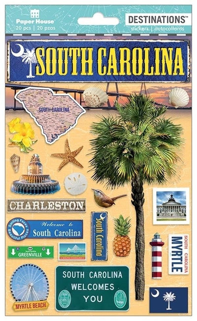 scrapbook stickers featuring South Carolina, palm trees, signs, the beach and seashells shown in package.