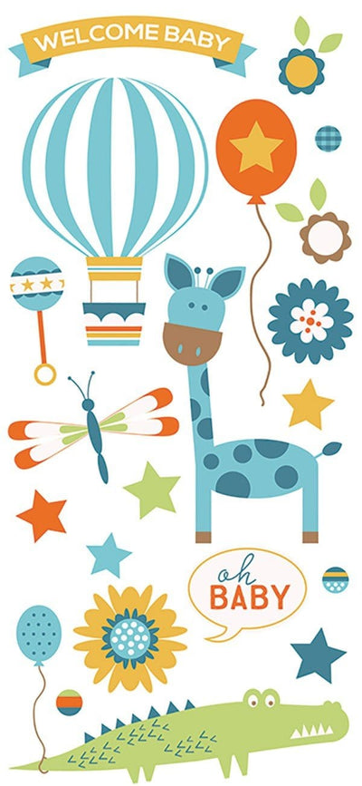 puffy stickers featuring illustrated baby blue giraffe, alligator and stars.
