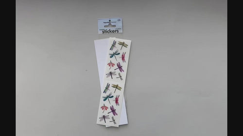 female hands pick up and show in detail, stickers featuring colorful dragonflies.