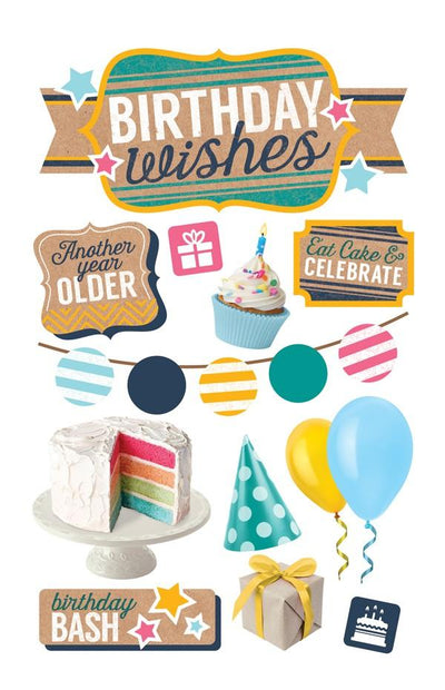 3D scrapbook stickers featuring birthday balloons and banners.