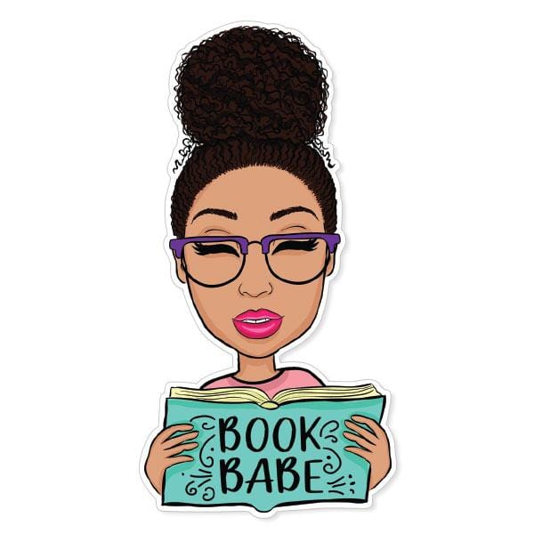 Shaped laptop sticker featuring an illustration of a woman wearing glasses, reading a book that says Book Babe.