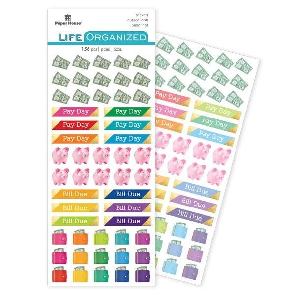 planner stickers featuring budget functional stickers shown in package overlapping another sheet on white background.