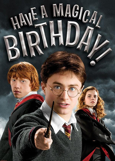 birthday note card featuring Harry Potter, Hermione and Ron