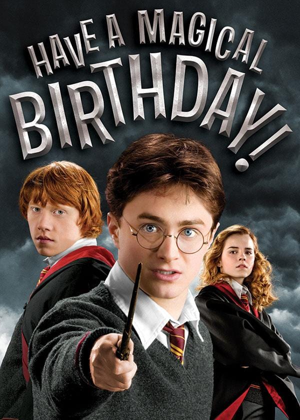 birthday note card featuring Harry Potter, Hermione and Ron