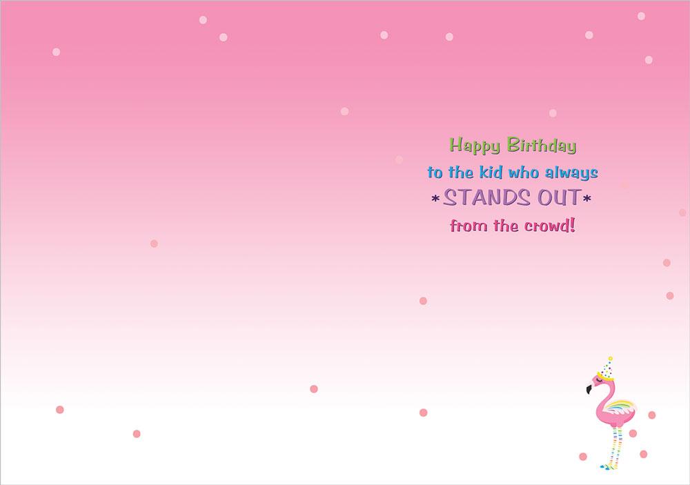 note card inside spread featuring pink background with illustrated flamingo and birthday greeting.