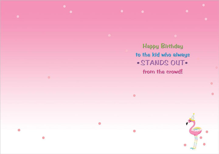 note card inside spread featuring pink background with illustrated flamingo and birthday greeting.