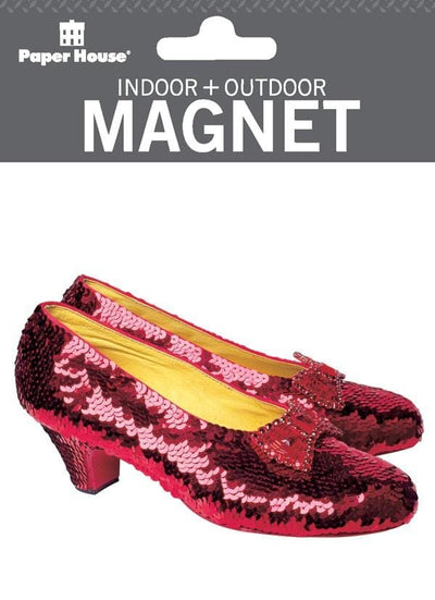 Car magnet featuring photo real, die cut ruby slippers, shown in package.